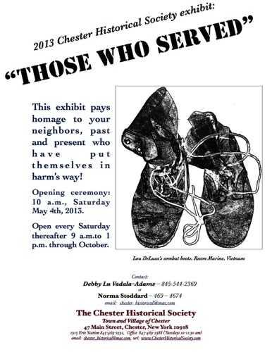 2013-05-04 "Those Who Served" flyer featuring Lou DeLuca's Vietnam jungle boots.